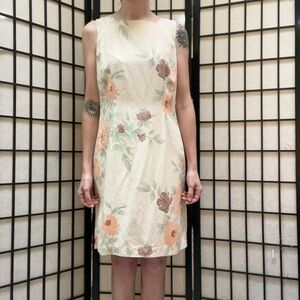 Silk Cream Floral Midi Shift Dress Vintage 90s/Y2K Izod